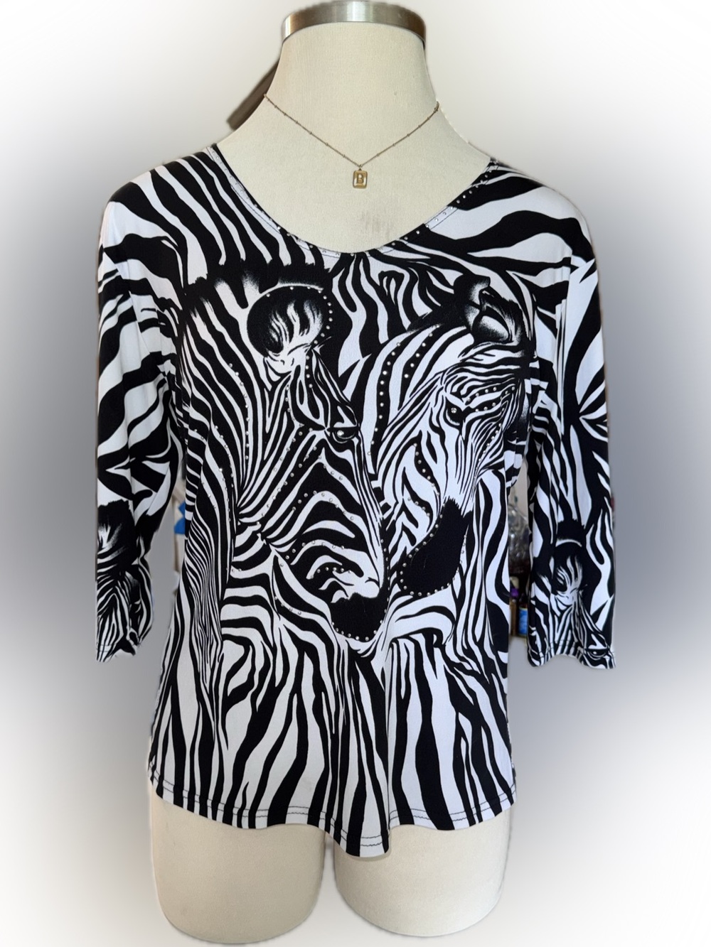Valentina Black & White Zebra Print‎ Quarter Sleeve Flowy Top size Large